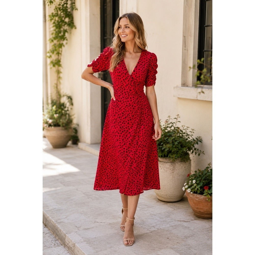 En Saison Red Black Spotted Animal Print V-Neck Ruched Puff‎ Sleeve Midi Dress